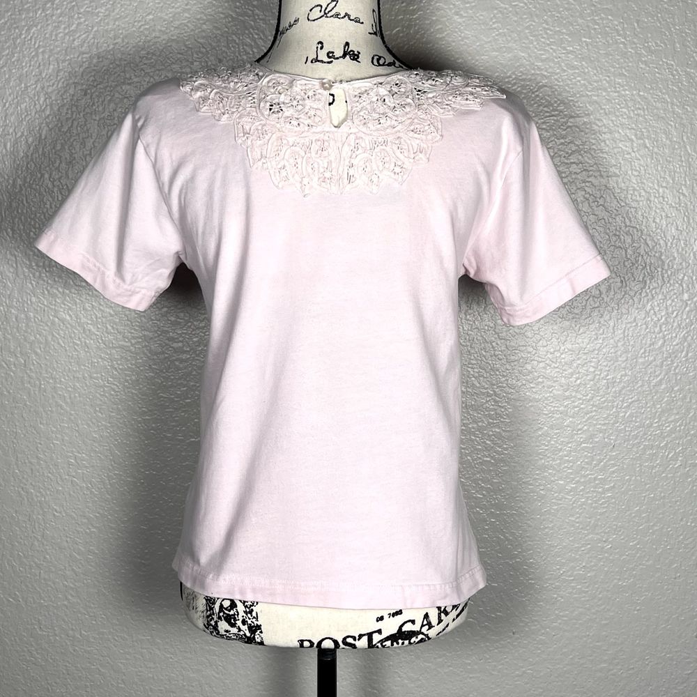 Westbound Petites Top PS Pink 100% Cotton Short Sleeve Crochet Lace Neckline - Picture 5 of 10